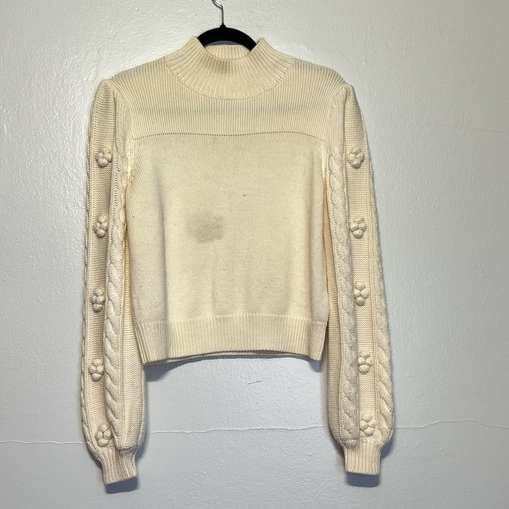 Maeve Anthropologie Kiara Sweater Ivory‎ Textured Bubble Balloon Sleeves S FLAW - Picture 2 of 15